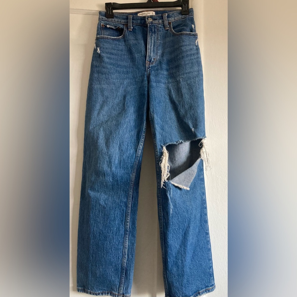 Abercrombie & Fitch Blue Straight Leg Jeans with Distressed Detail